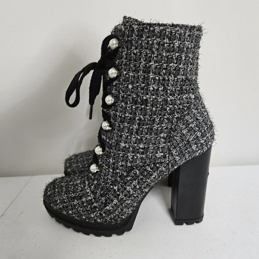Just Fab Platform Lug Boots Women 7.5 Black Shandee Pearl Tweed Lace Up Gothic